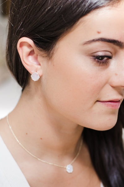 Ashley Childers, Signature Mini Stud earrings and Necklace in Iridescent Druzy