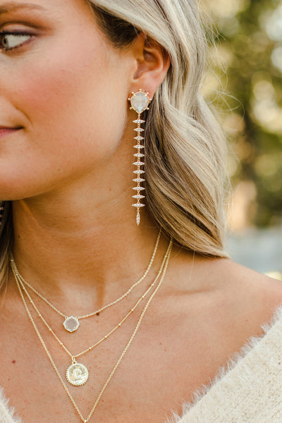 Ashley Childers Geo Mother of Pearl Thorn Statement Earrings in Ivory with Crystal Drops