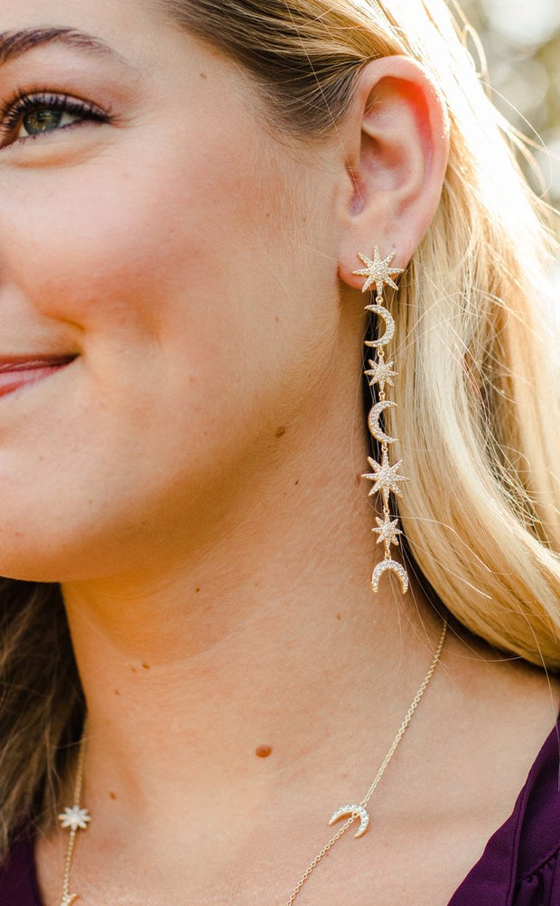 Ashley Childers Celeste Statement Earrings in Gold with moon and star detail