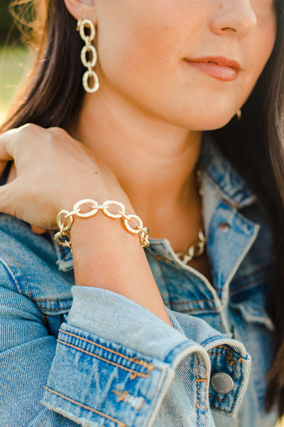 Ashley Childers Classic Gold Link Bracelet in matte gold hammered finish